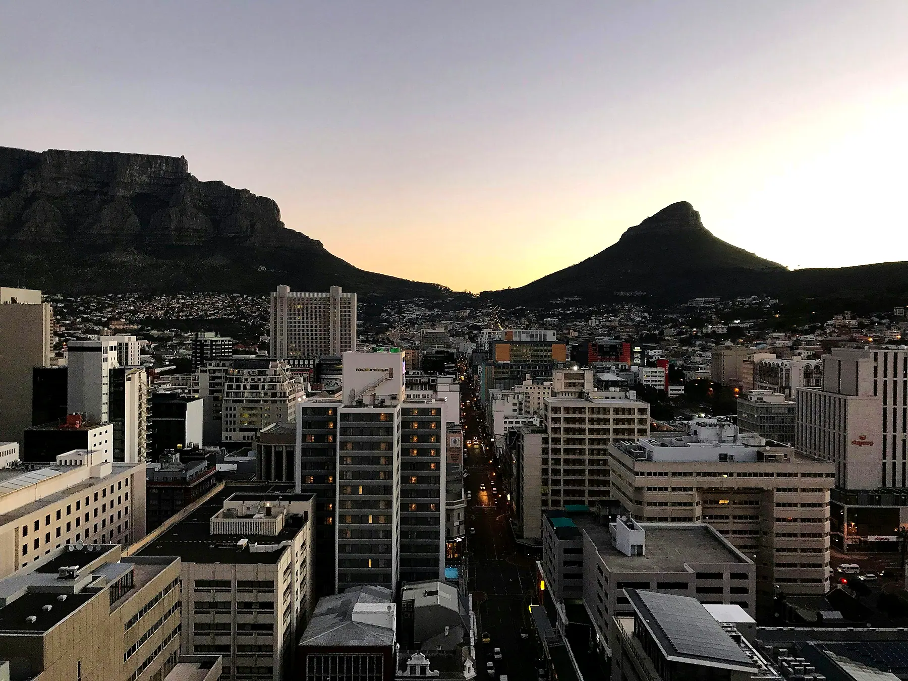 The Cape Town city bowl with Table Mountain and Lion's Head at dusk