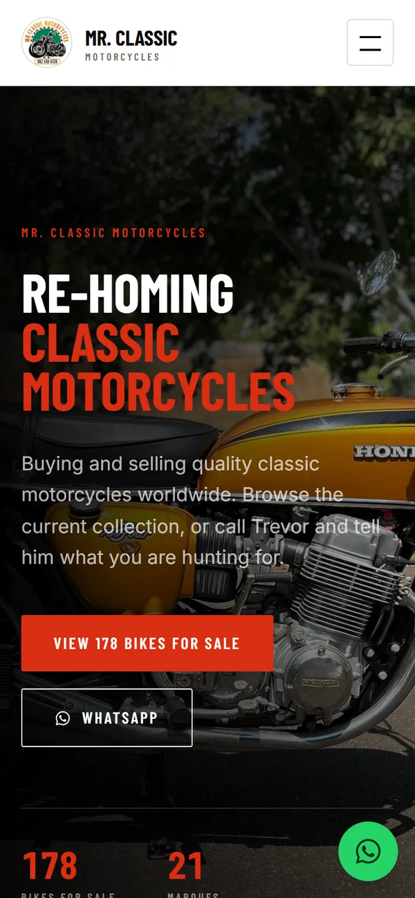 The Mr. Classic Motorcycles website on a phone