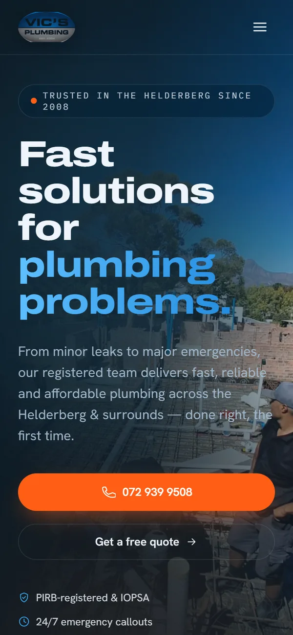 The Vics Plumbing website on a phone